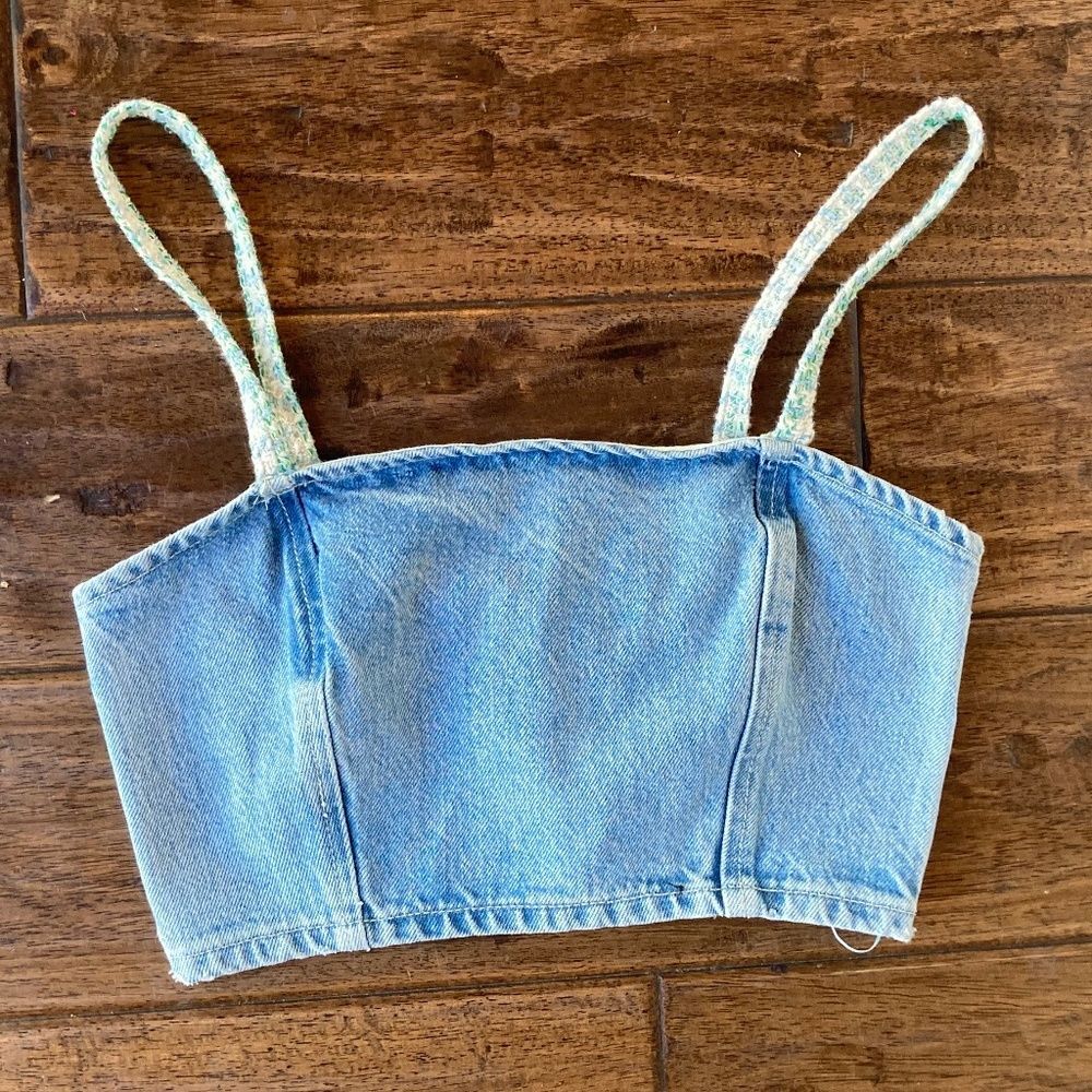 ZARA Denim Crop Top XS Tweed Detail Festival Summer Coastal Cowgirl